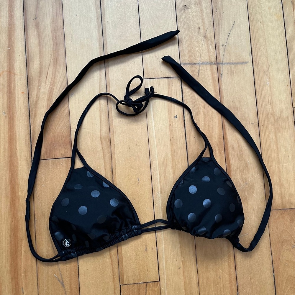 Volcom Womens Black Tonal Polka Dot Triangle Bikini Top Halter Tie Swimwear